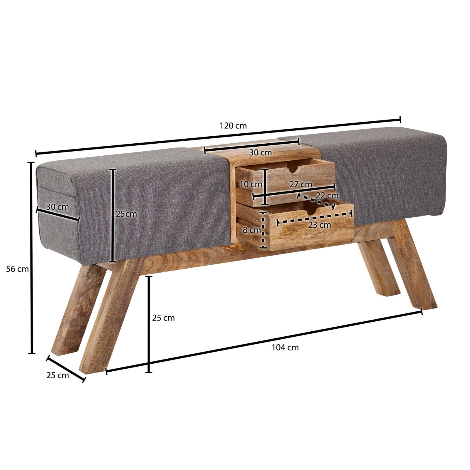 Sitzbank - grau - Mango massiv - Webstoff - 120 cm