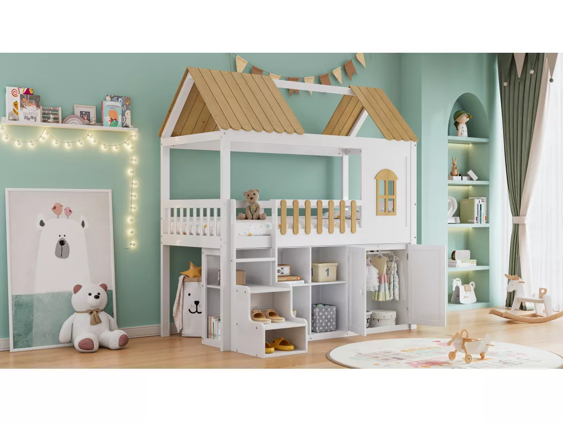 Lit mezzanine 90 x 200 cm avec armoire, 2 portes et toit - pin + MDF - blanc + naturel (sans matelas)