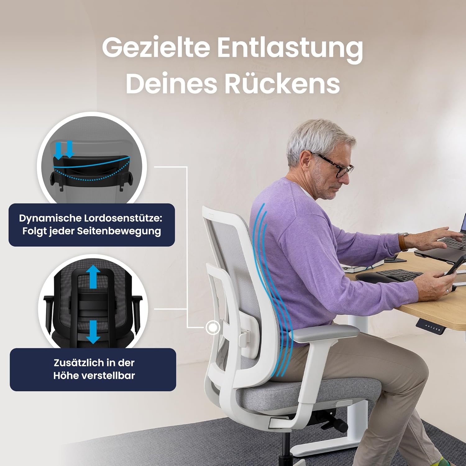 Ergotopia PureBack ergonomischer Bürostuhl – Schreibtischstuhl ergonomisch mit Kopfstütze, 4D-Armlehnen & Synchronmechanik – Für Home Office, Büro & Gaming – Bequemer Drehstuhl für gesundes Sitzen
