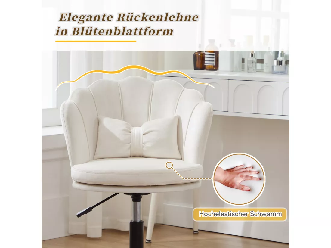 Chaise simple - dossier en forme de pétale + coussin lombaire en forme de papillon - réglable en hauteur - coussin d'assise moelleux - blanc
