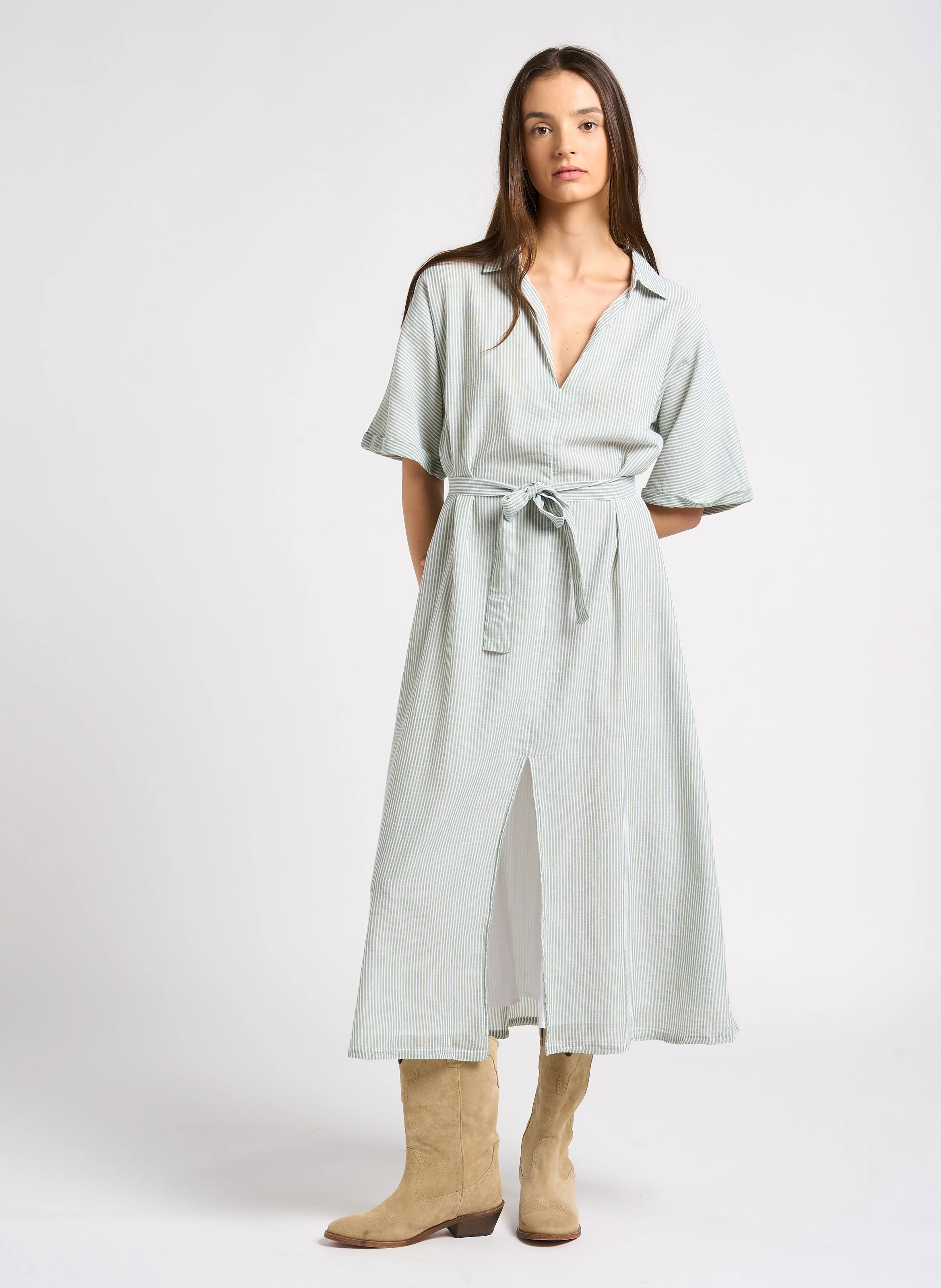 MANDIE - Robe chemise col classique rayée en coton | Vert