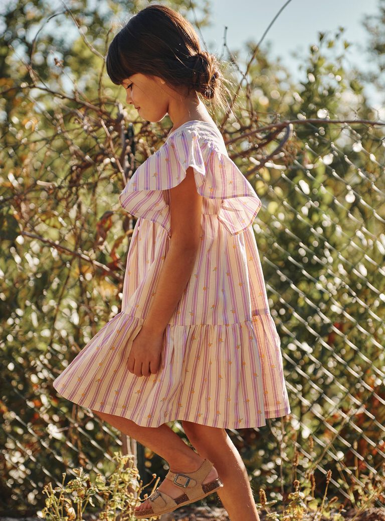 Robe vanille en lin à rayures mauve