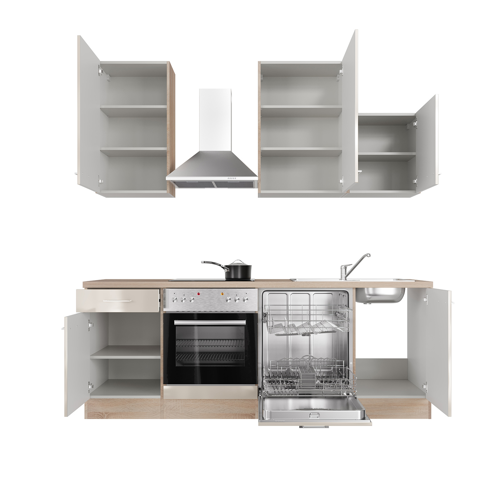 Küchenblock NEPAL - Kaschmir Glanz - Sonoma Eiche Nachbildung - mit E-Geräten - 220 cm