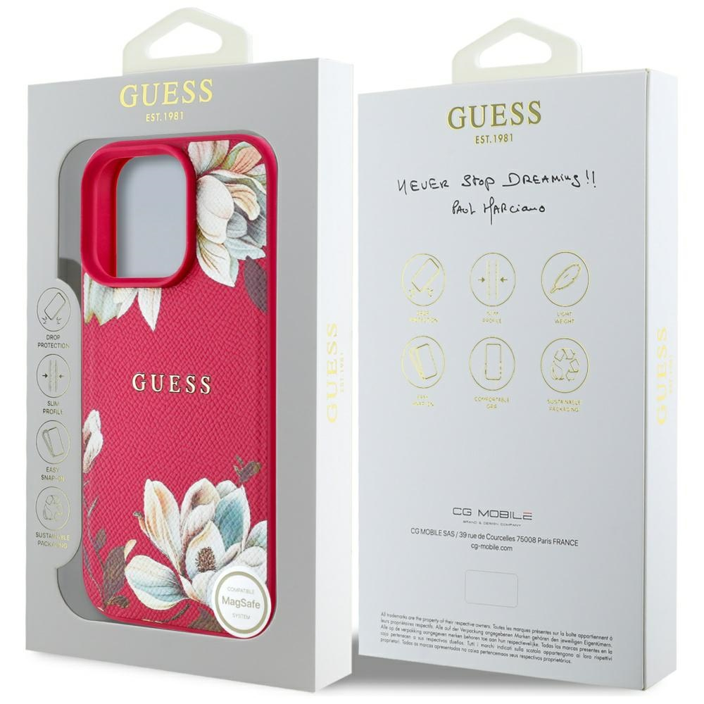 iPhone 16 Pro MagSafe Leder Hardcase Hülle Grained Printed Flower (GUHMP16LPGNMPLMF) - Rot