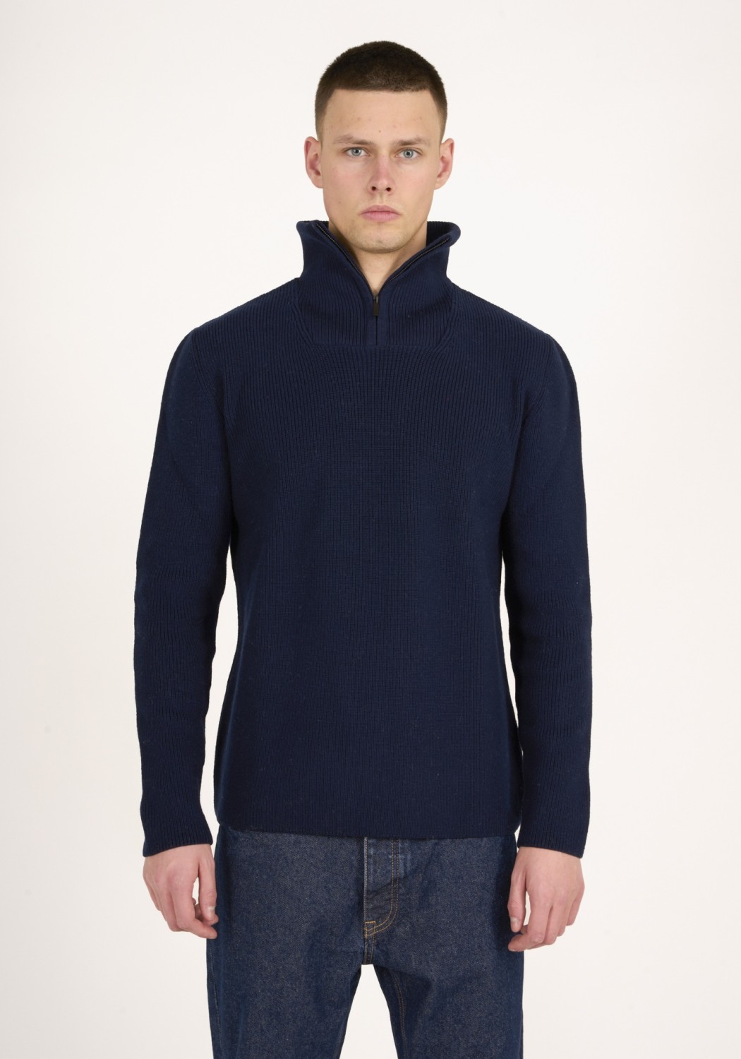 Knowledge Cotton Apparel Strickpullover 1/2 Neck Zip Merino Wool Rib Knit Total Eclipse