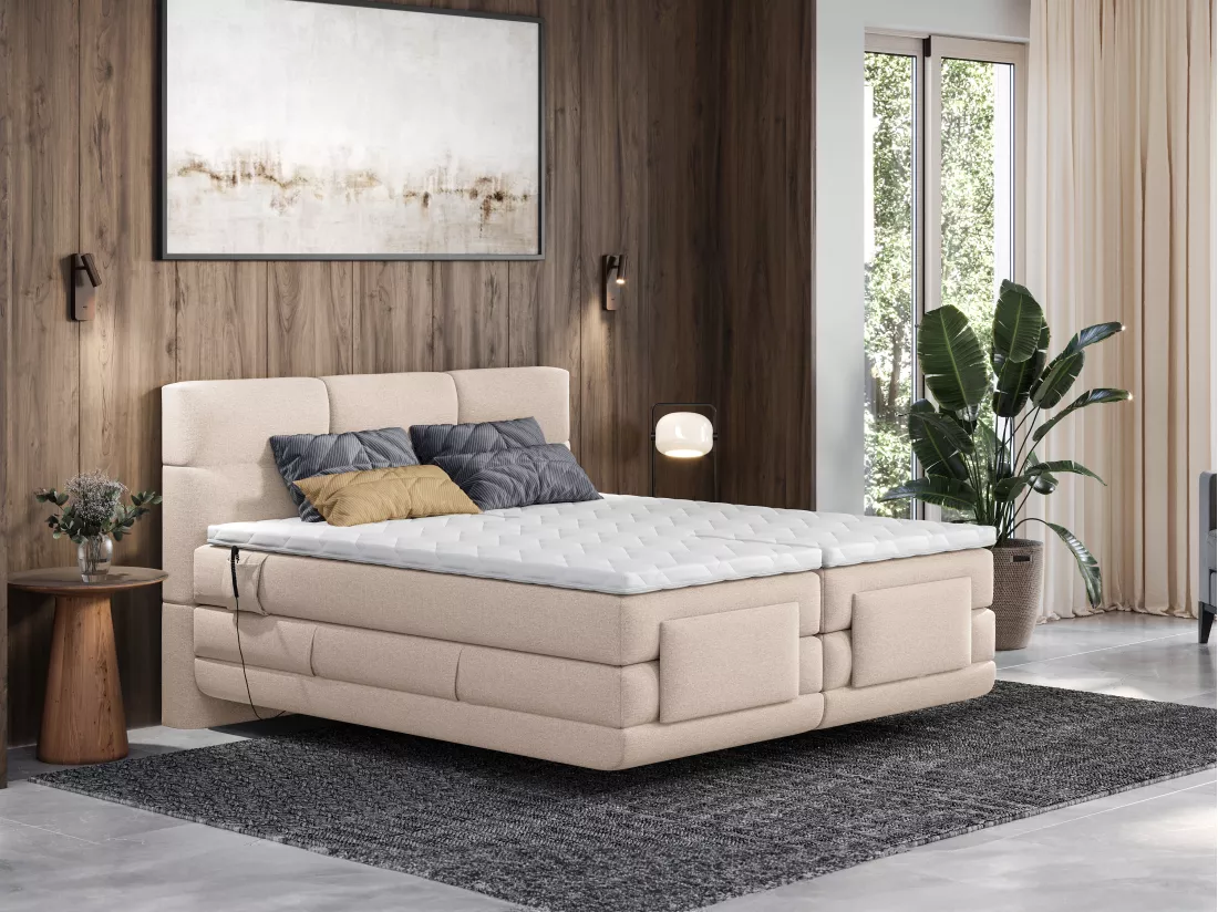 Ensemble complet boxspring tête de lit capitonnée + sommiers relaxation électrique + matelas + surmatelas - 2 x 90 x 200 cm - Tissu - Beige - LODI de PALACIO