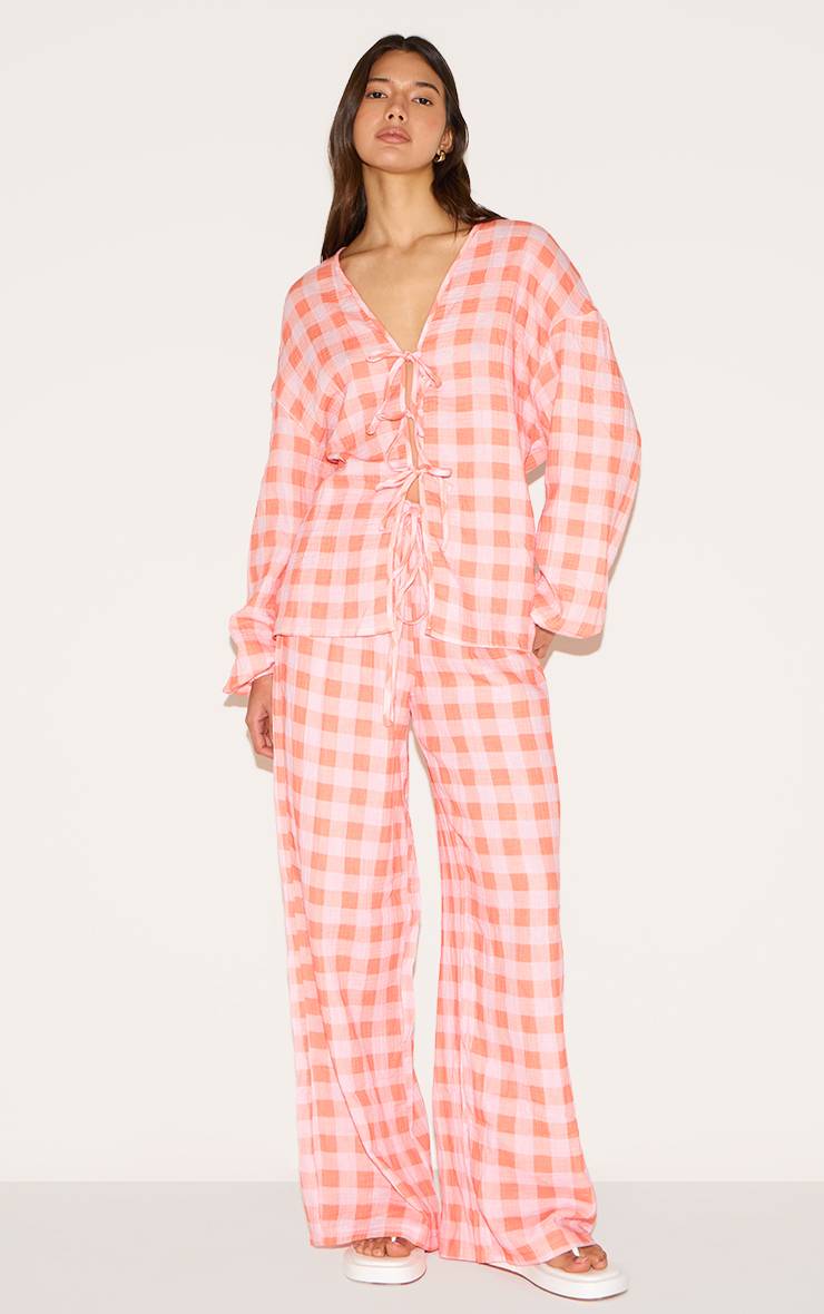Orange Ensemble Chemise À Carreaux En Gaze De Coton À Manches Longues Avec Nœud Devant