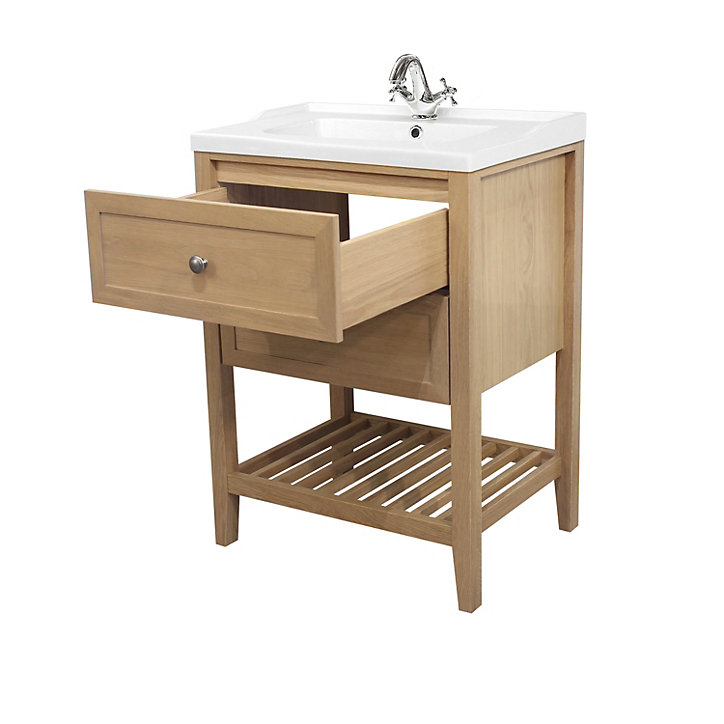 Meuble sous vasque à poser GoodHome Perma chêne 60 cm + Plan vasque blanc GoodHome Lana