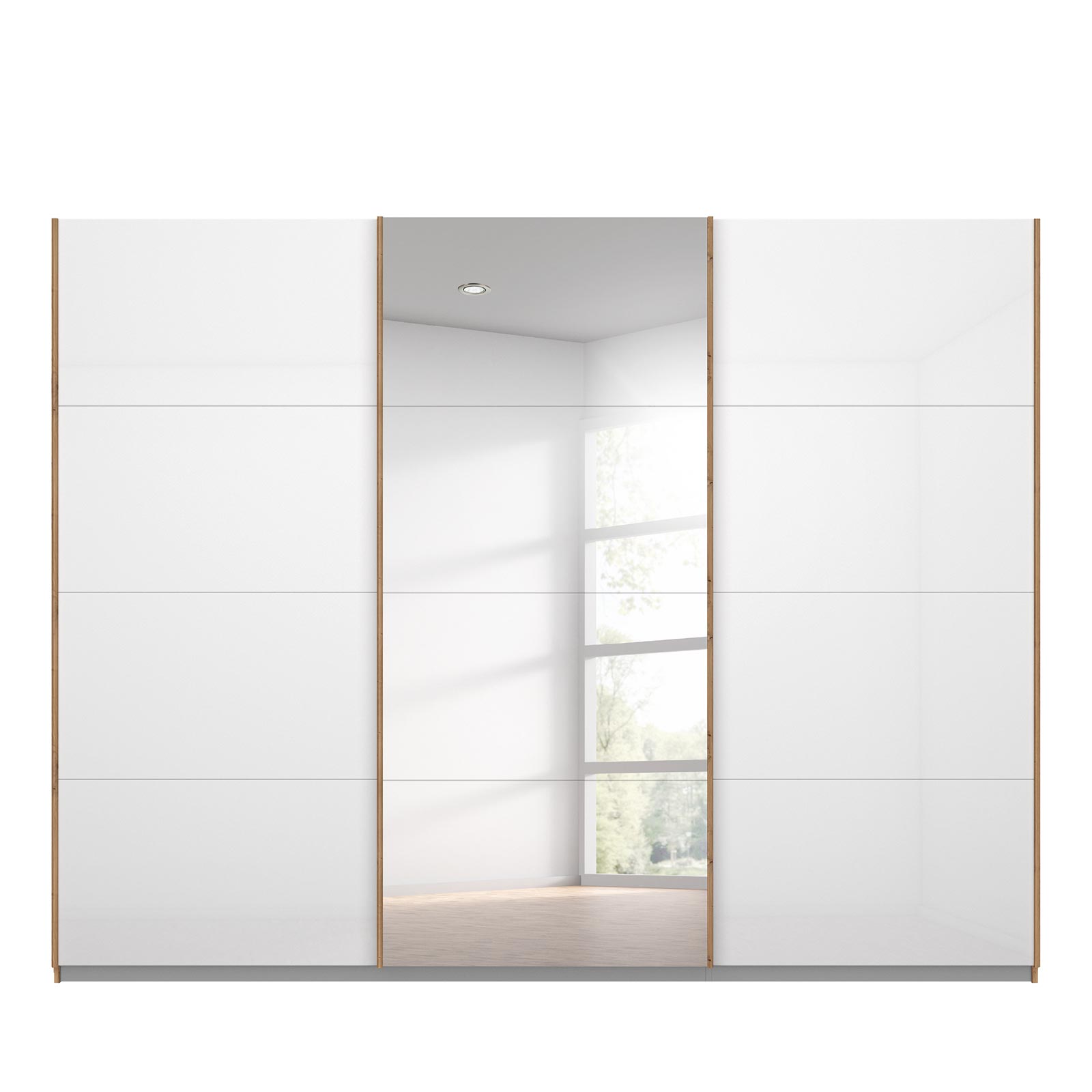 Schwebetürenschrank - weiß Hochglanz - Eiche Artisan - mit Spiegel - 271x210 cm