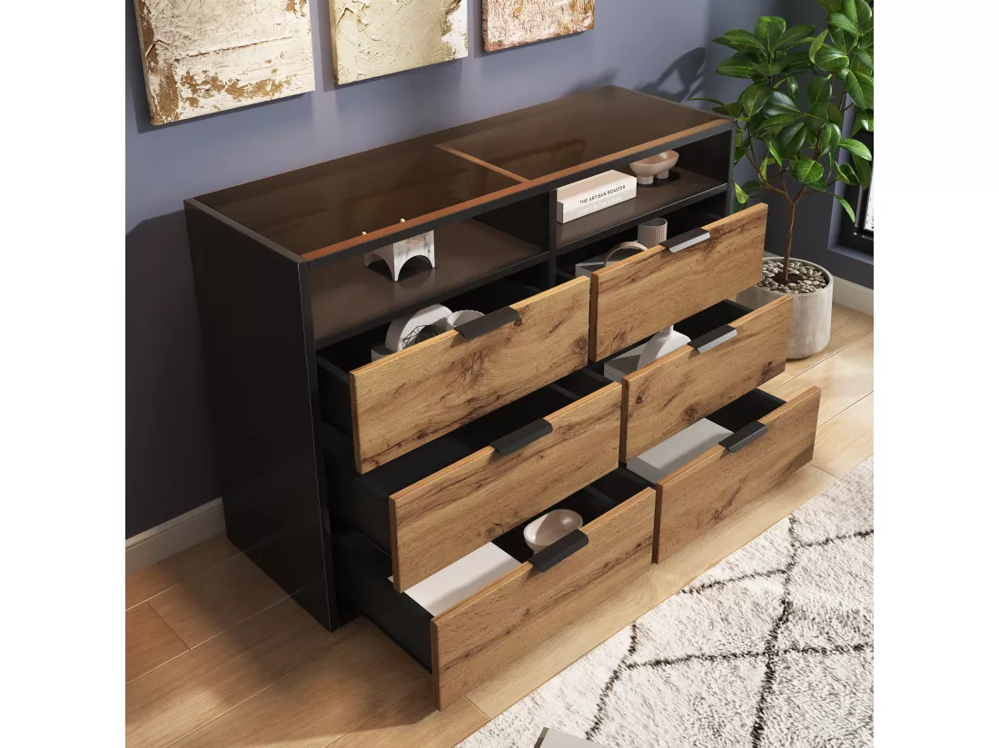 Commode avec 6 tiroirs et 2 compartiments, buffet, anti-basculement, 120 x 40 x 80 cm, verre ambré et panneau de particules, chêne