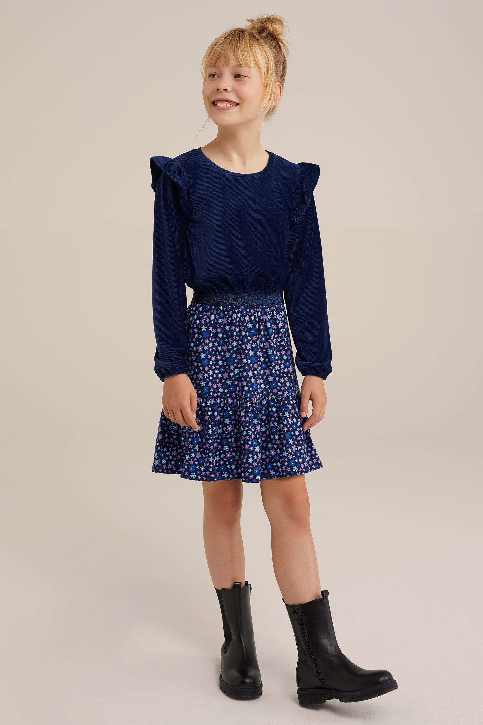 Meisjes velvet jurk met dessin WE Fashion Donkerblauw