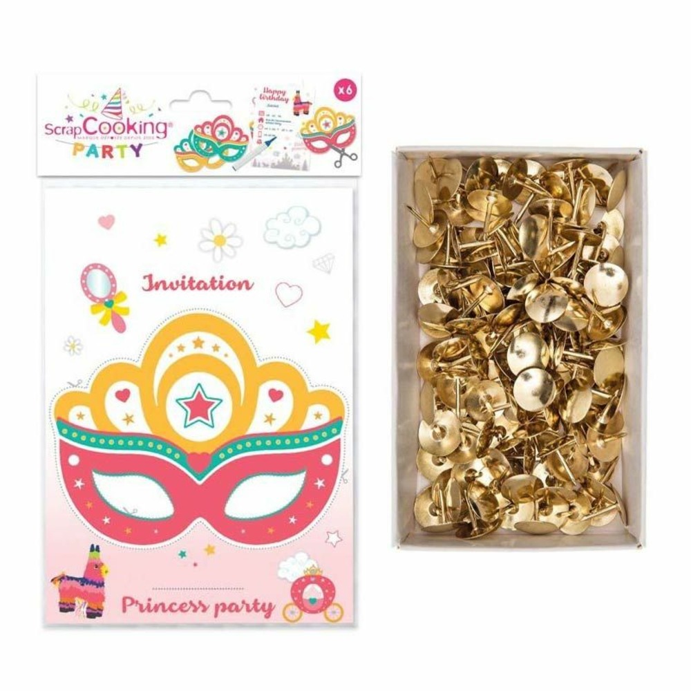 6 cartes d'invitation à découper princesse + 150 punaises dorées