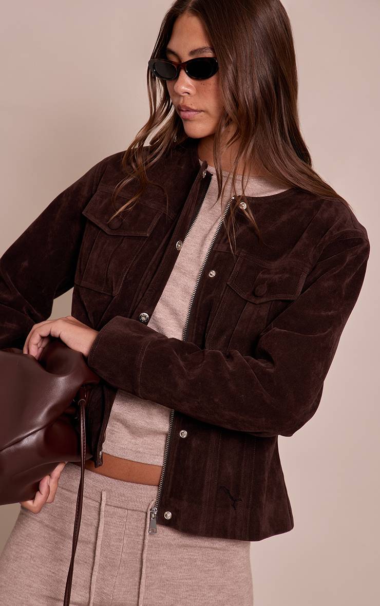 Chocolat Veste Cintrée À La Taille Avec Boutons Recouverts En Faux Suède