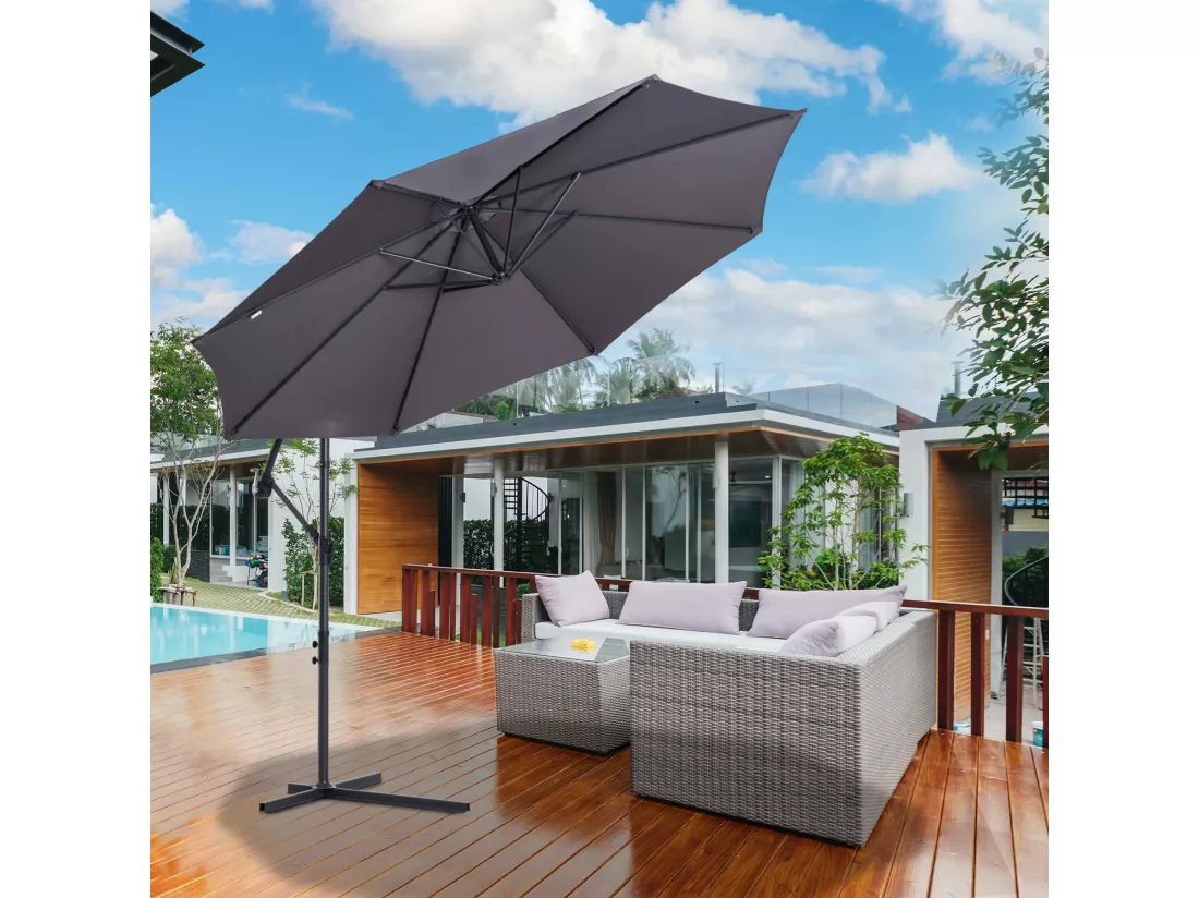 Parasol déporté octogonal inclinable manivelle pied acier Ø 3 x 2,5H m gris