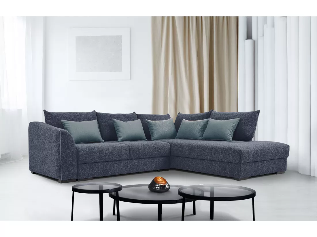 Canapé d'angle droit 5 places convertible tissu bleu - Elbe