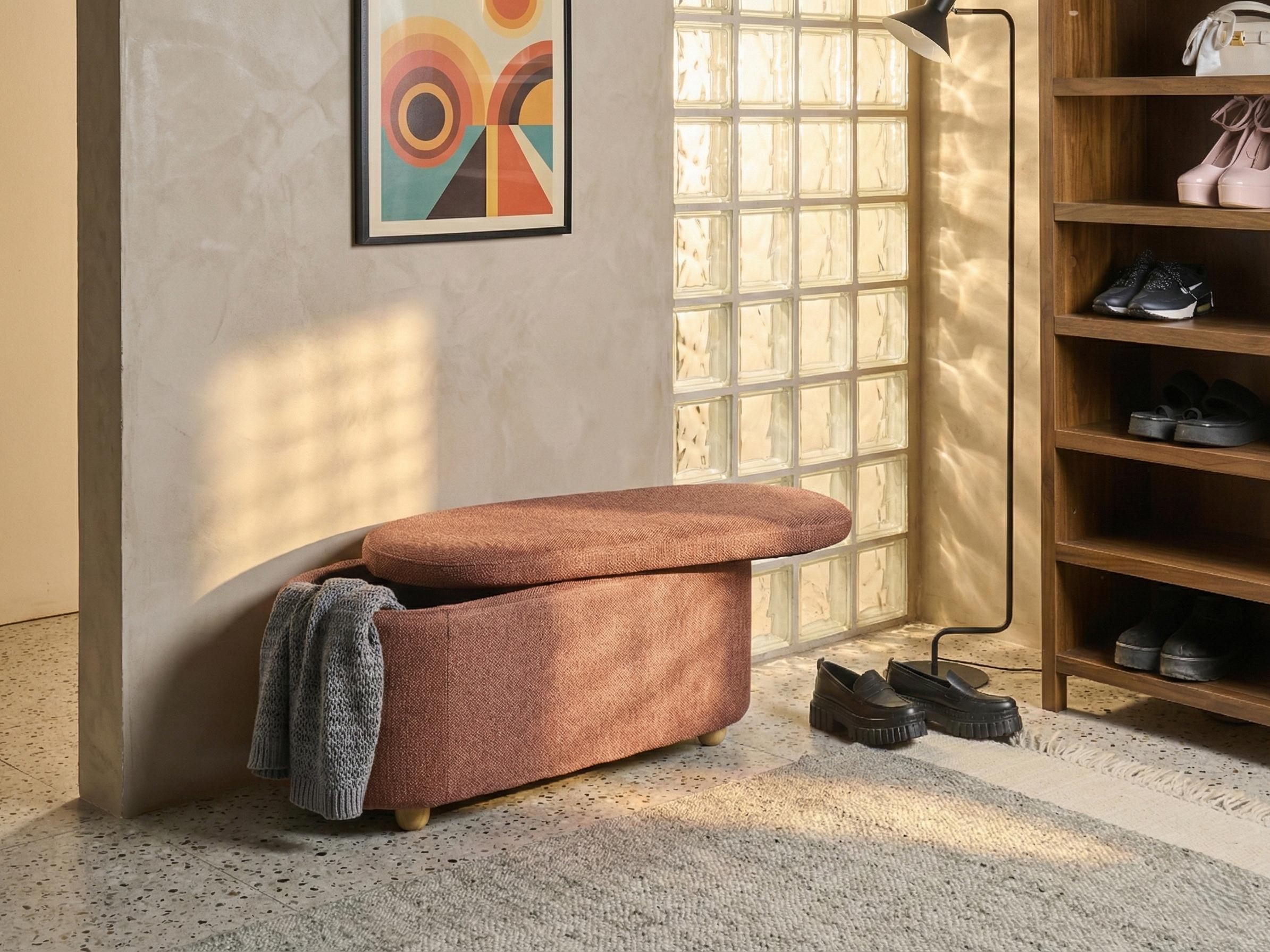Bankje met opbergruimte HAYWARD Stof 98 cm 44 cm Goudbruin