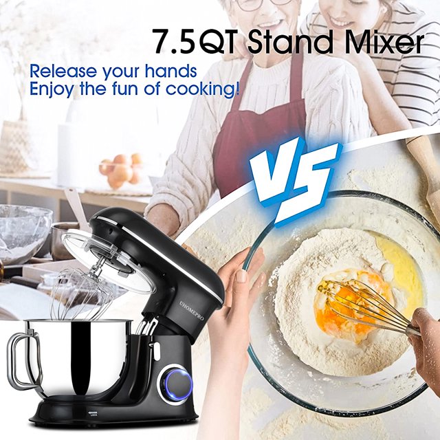 Batedeira de pedestal uhomepro de 7,5 QT para cozinha, 6 velocidades + 0 + P, cabeça inclinável, 660 W, batedeira elétrica para massa, uso doméstico e comercial, com gancho para massa, batedor, batedor de ovos, espátula, própria para lava-louças.