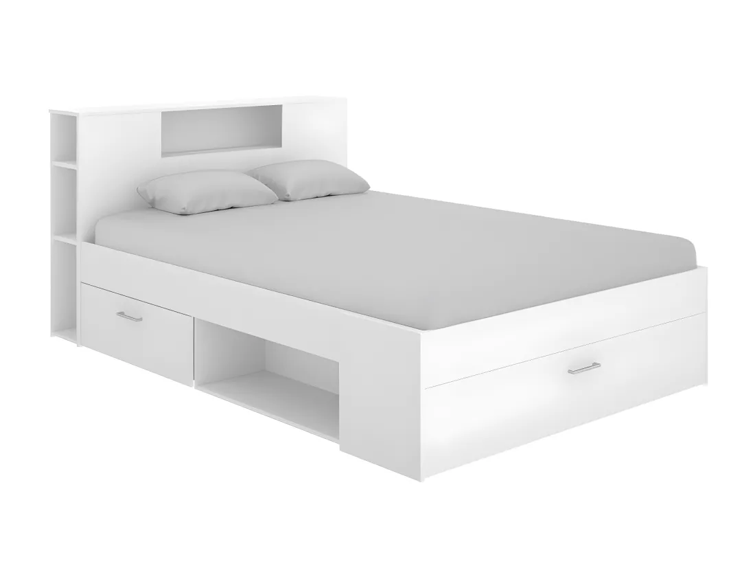 Lit avec tête de lit rangements et tiroirs - 140 x 190 cm - Coloris : Blanc + Sommier - LEANDRE