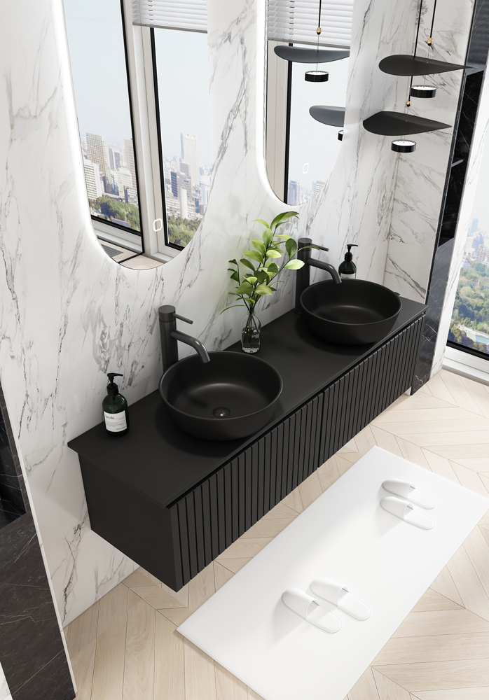 Fontana Stripe zwart badmeubel ribbelfront 160cm met zwarte waskommen en ovale LED spiegels