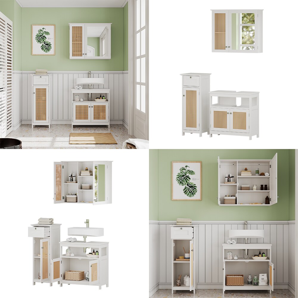 Vicco Badmöbel-Set Rosario, Weiß, moderne Serie, Badezimmer, dekorative Front, Spiegelschrank, Waschtischunterschrank, Midischrank