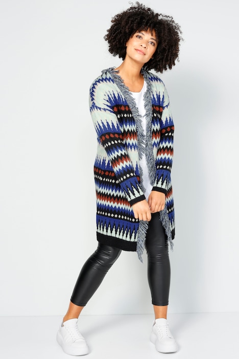 Long-Strickjacke, oversized, Zackenmuster, offene Form, Fransenkante