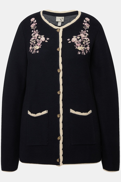 Trachten-Strickjacke, Blütenstickerei, Rundhals, Langarm