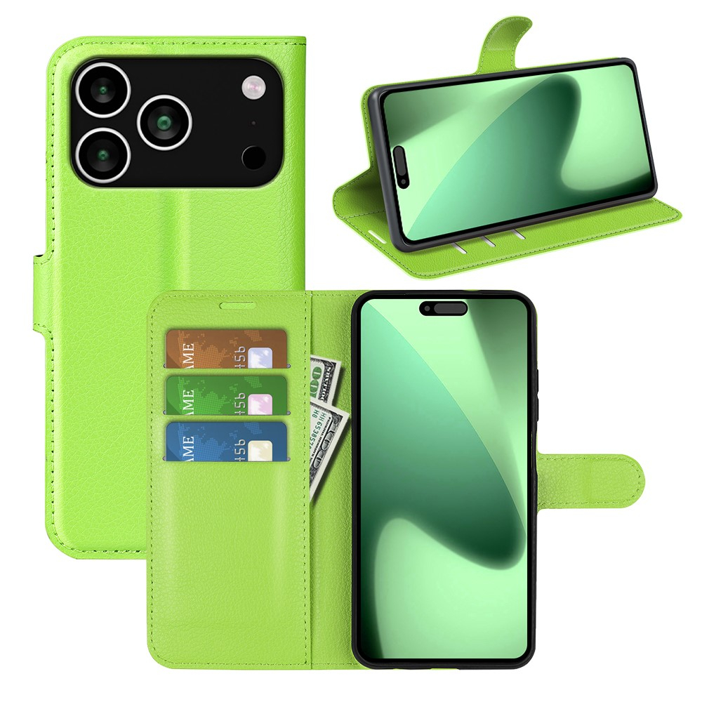 iPhone 17 Pro Max Leder Tasche Flip Cover Litchi Look - Grün
