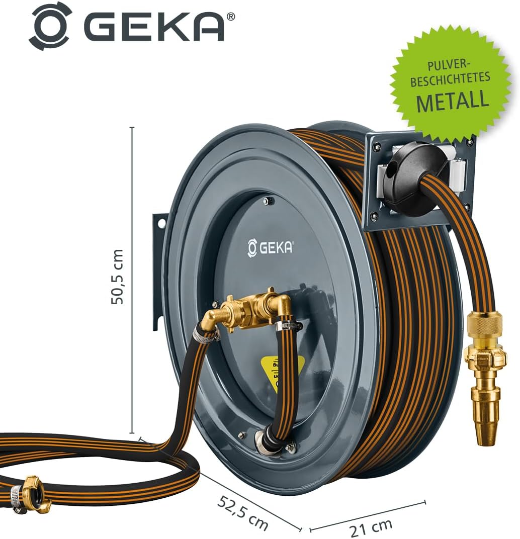 GEKA plus Automatischer Schlauchaufroller PA20GSK (robuster Schlauchaufroller, Stahlkonstruktion, autom. Rückzug, schrittweise Arretierung, mit 15 m Gummi Wasserschlauch)