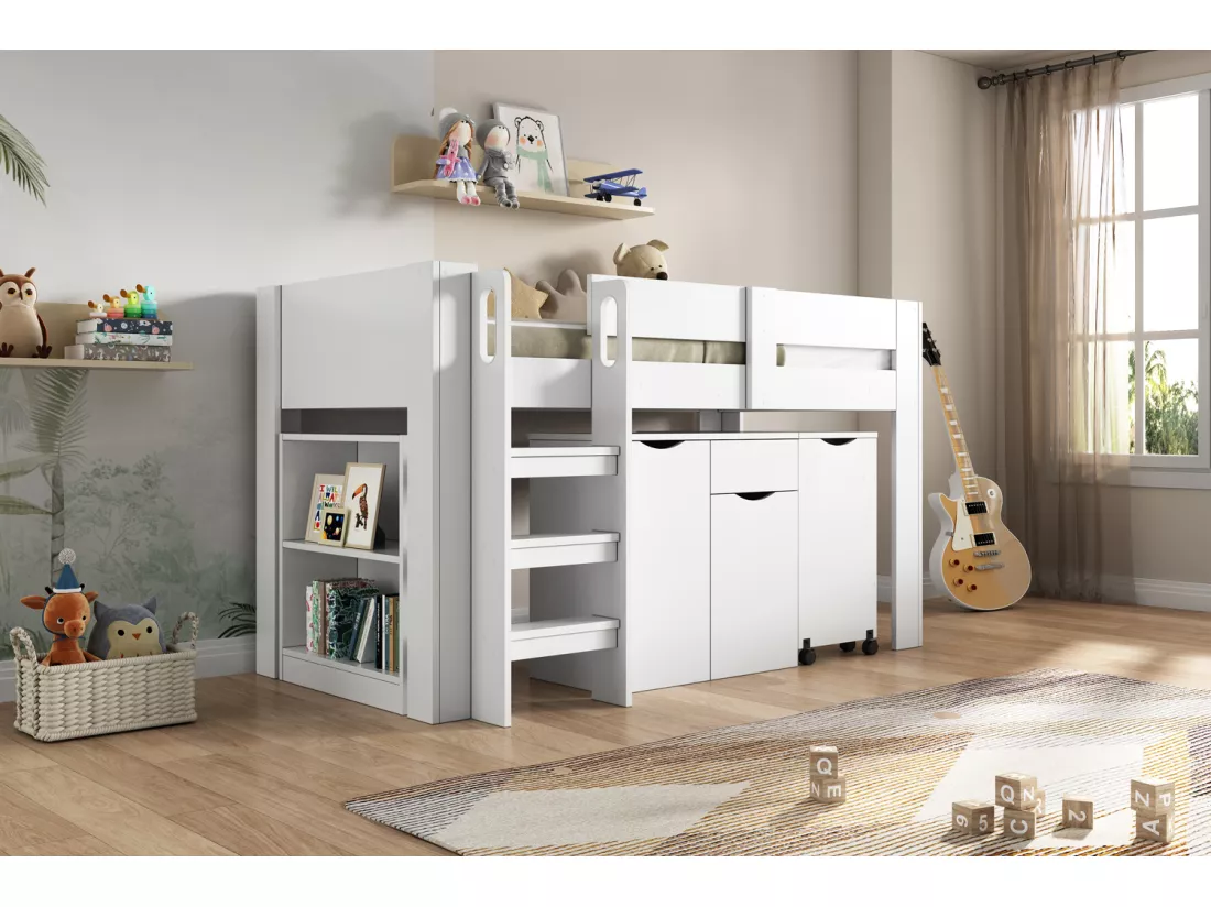 Lit mezzanine 90 x 200 cm avec bureau coulissant, armoire et tabouret - Bois MDF - Blanc (sans matelas)