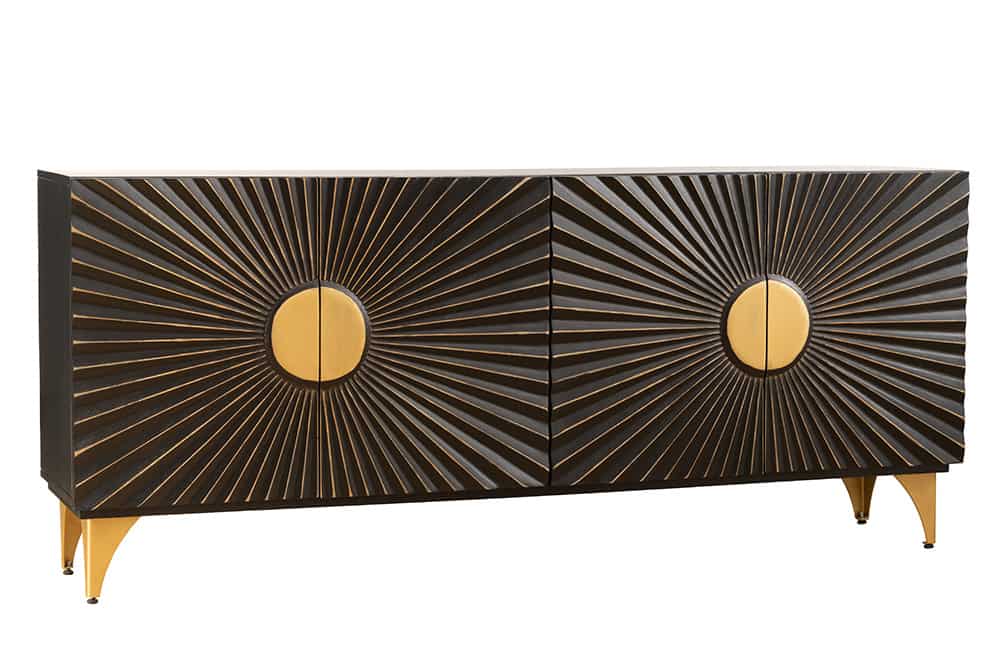 Massives Sideboard SOLARIS 180cm schwarz gold Mangoholz 3D-Design