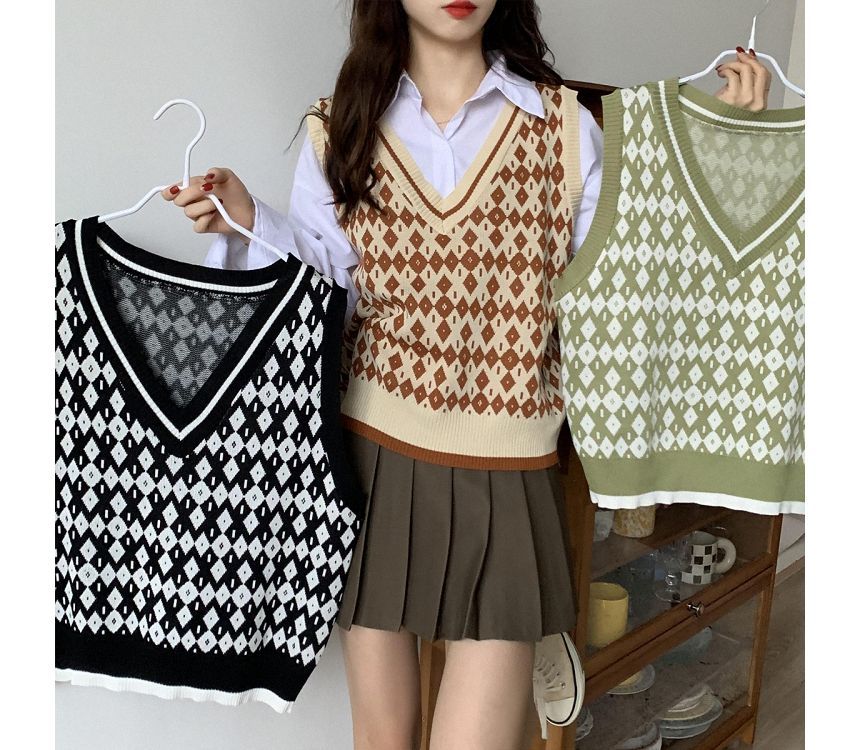 Saccharine - V-hals patroon trui vest