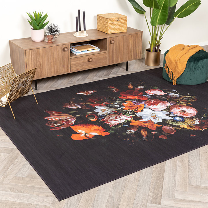 Bloemen vloerkleed - Florine Zwart/Oranje | Kleurrijk