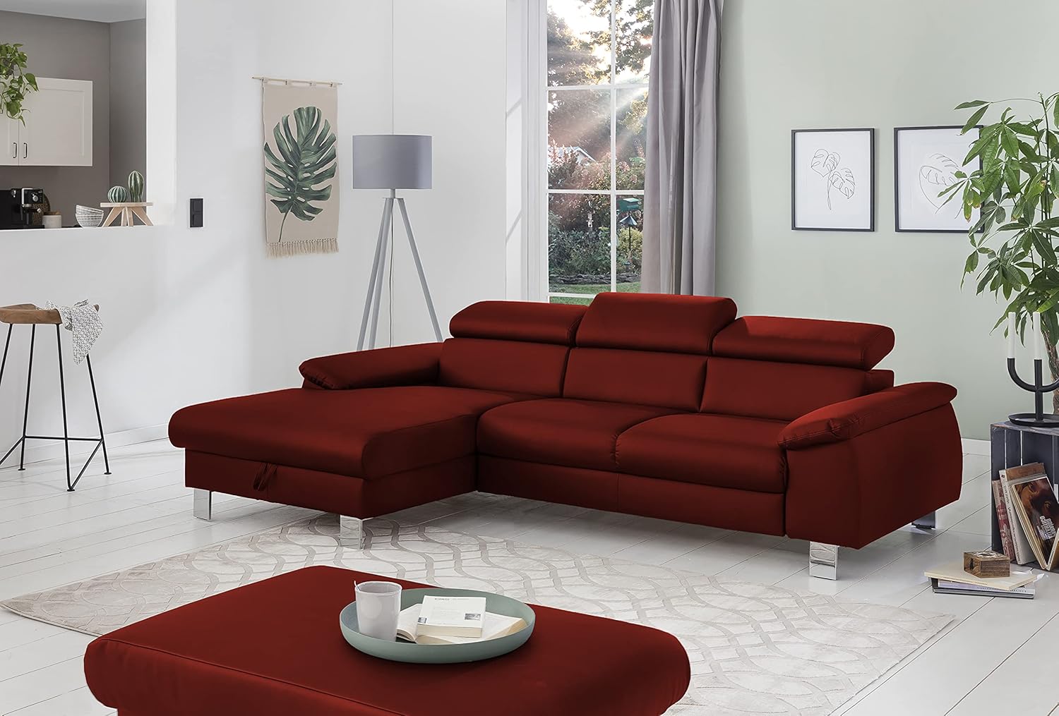 Mivano Ecksofa Micky mit Recamiere / L-Form-Sofa mit Schlaffunktion, Bettkasten und Kopfteilverstellung / 244 x 72 x 166 / Kunstleder, Rot