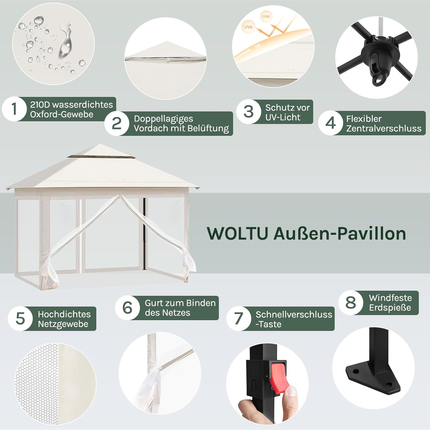 WOLTU Pavillon 3x3 m, Faltpavillon mit Moskitonetz, Partyzelt wasserdicht stabil, höhenverstellbares Partyzelt UV-Schutz, Gartenpavillon mit 4 Seitenteilen, Festzelt mit Tragtasche, Beige