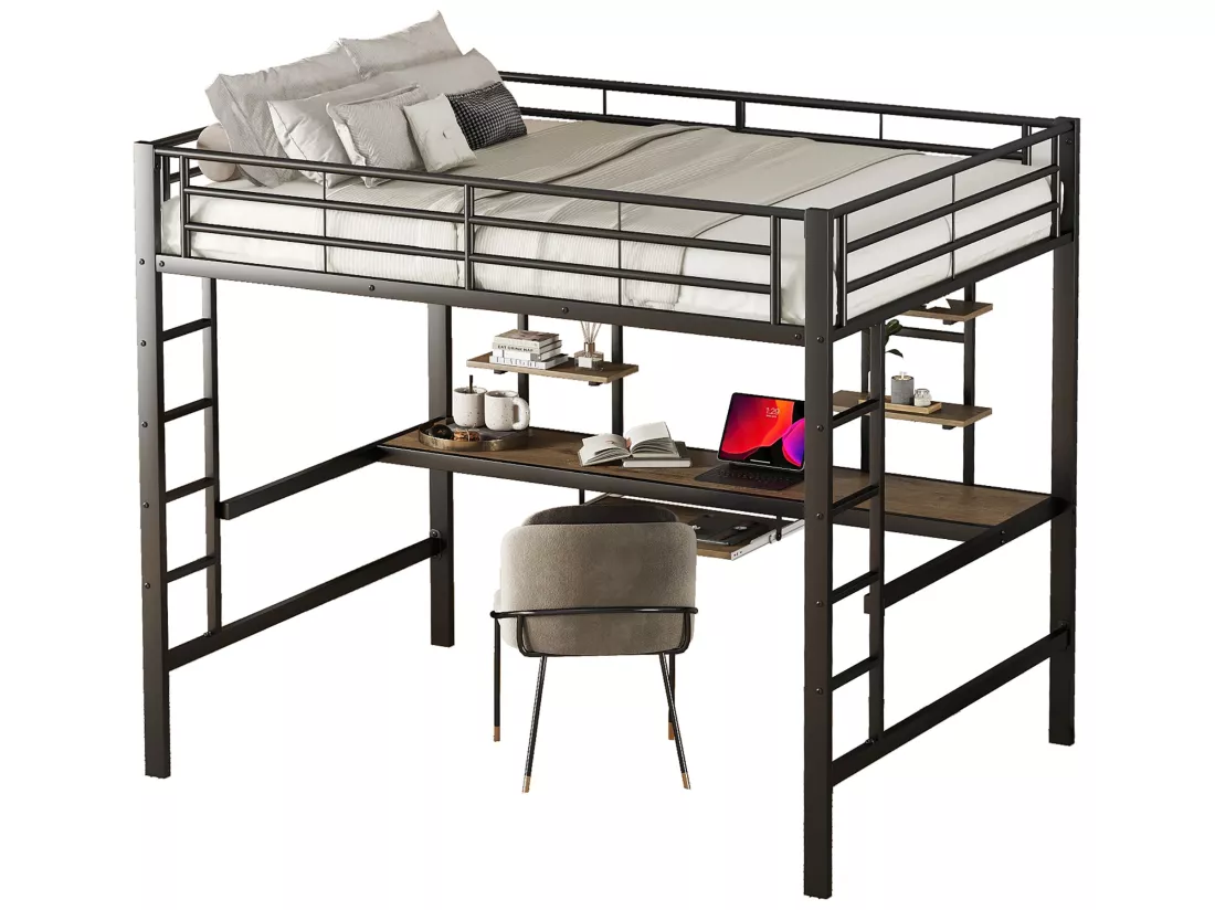Lit mezzanine 140x200cm - avec bureau et étagères - cadre en métal - Noir