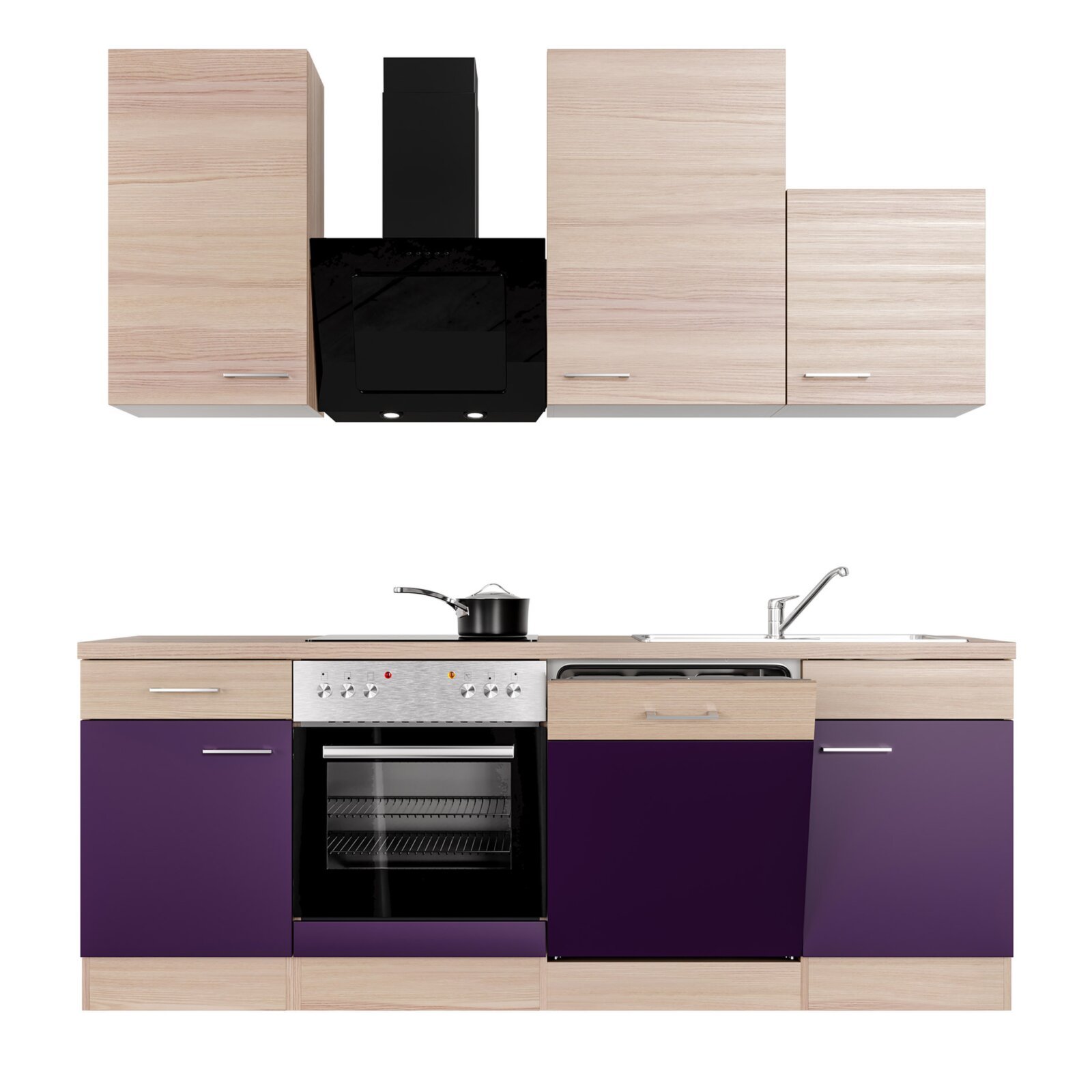 Küchenblock FOCUS - Akazie - aubergine - mit E-Geräten - 220 cm