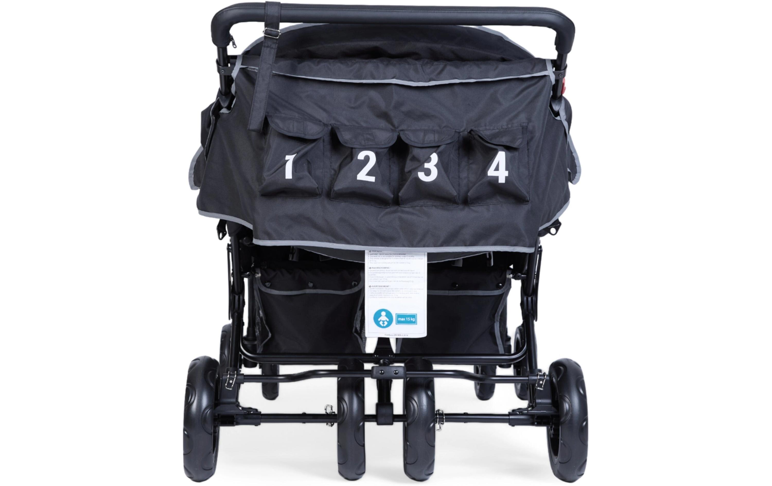 Mehrlingswagen Quadruple, Schwarz<br>Geschwisterkinderwagen mit Regenschutz und Sonnenschutz