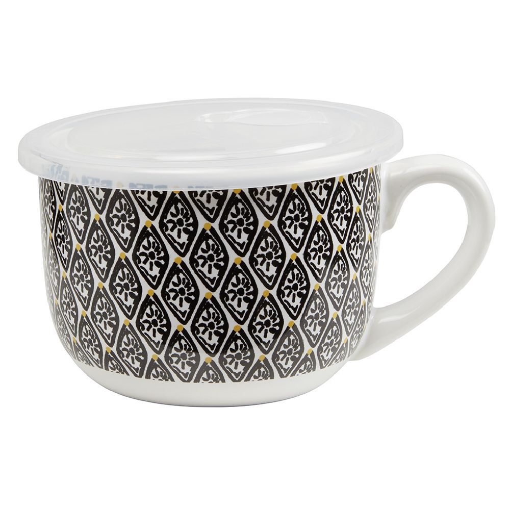 Bol jumbo blanc à motif ethnique jaune et noir couvercle transparent