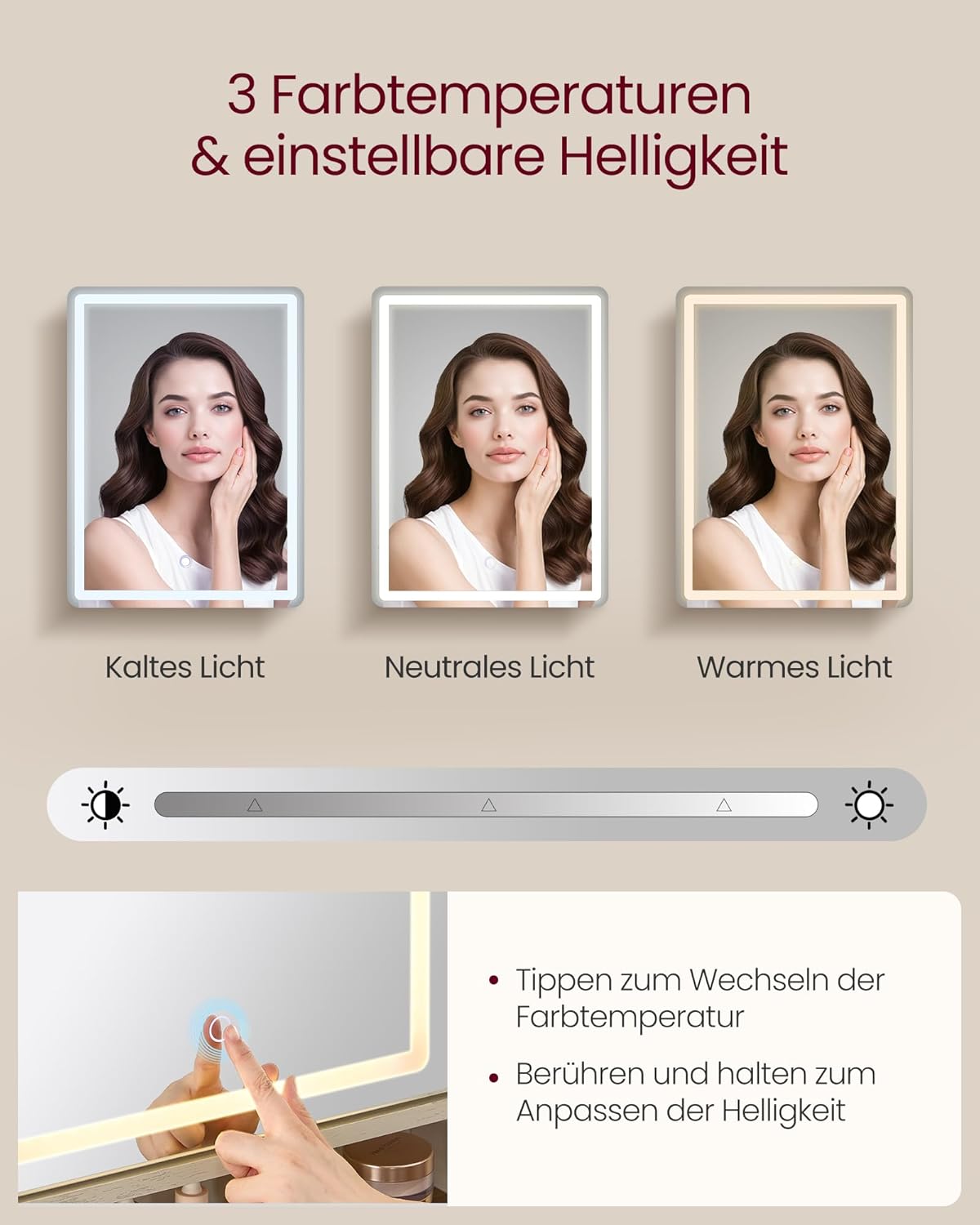 VASAGLE LIRY Kollektion - Schminktisch mit Spiegel und Beleuchtung, Frisiertisch im Landhausstil mit Hocker, Ladestation, 2 Schubladen, Schmuckaufbewahrung, vintageweiß-honigbraun RDT136W01