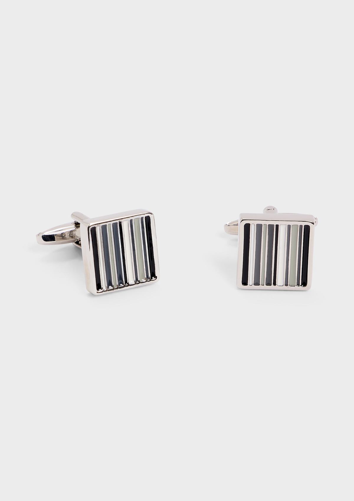 Boutons de manchettes carrés argent avec stries vert, noir et blanc