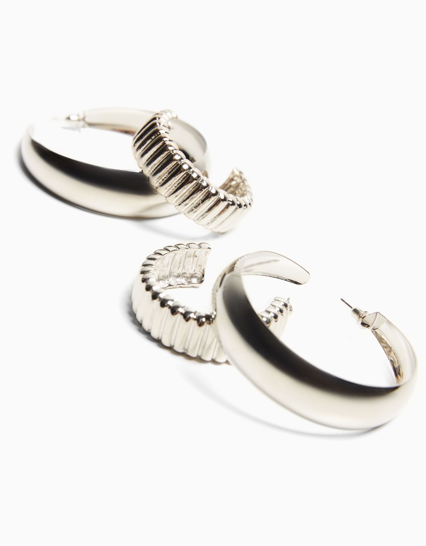Conjunto de 2 pares de brincos de argola grossos e texturizados