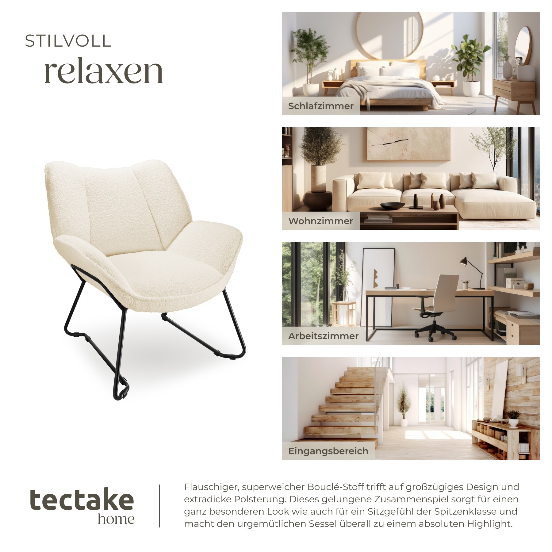 tectake® Sessel, gepolstert, mit Bouclé-Bezug, schlankes Stahlgestell mit Pulverbeschichtung, 73 x 72 x 81 cm