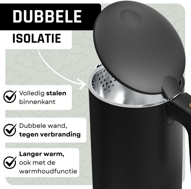 ØXXI - Waterkoker - Retro Zwart - Dubbelwandig 1.7L - Temperatuurregeling met Display