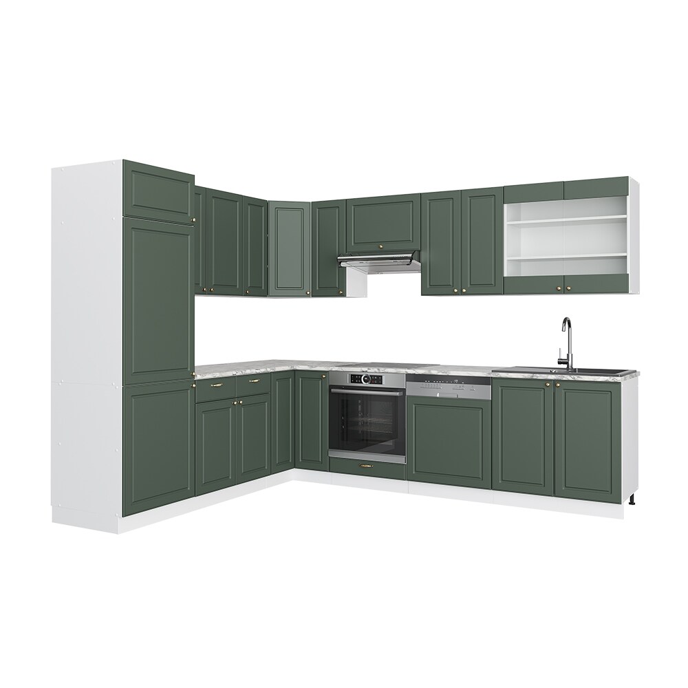 Vicco Eckküche Küchenzeile Einbauküche Fame-Line Landhaus Weiß Grün Gold227x287 cm Spülenunterschrank Schubunterschrank Eckunterschrank Herdumbauschrank Hängeschrank Kühlumbauschrank
