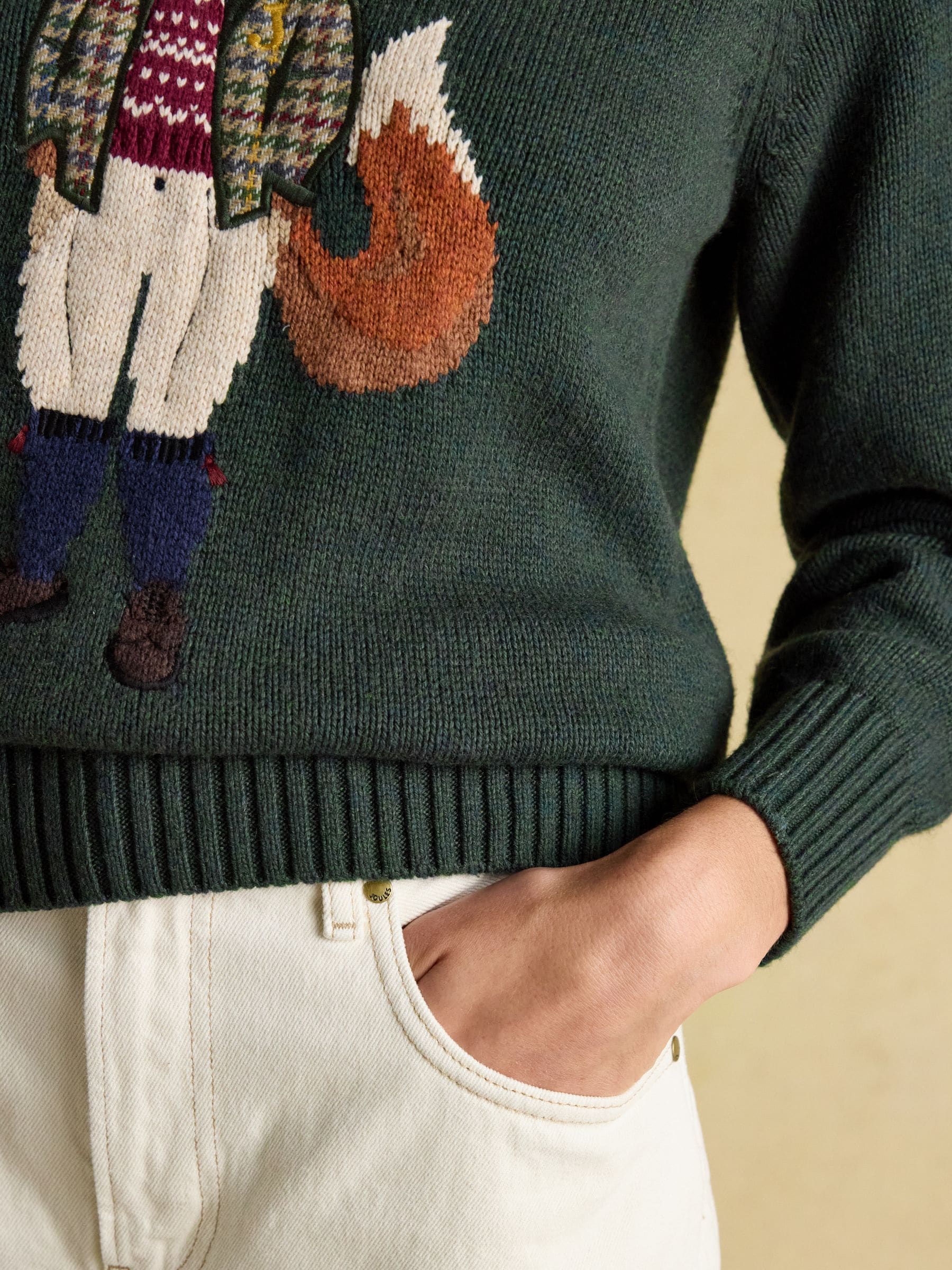 Green Jonty Fox - Joules Intarsia Cotton-Rich Crew Neck Jumper