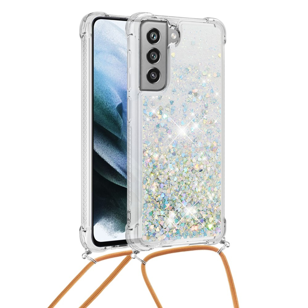 Samsung Galaxy S21 FE 5G Necklace Gummi Hülle Liquid Glitzer   Handykette (130cm) - Braun / Silber
