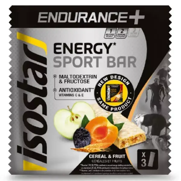 Barra energética Isostar Endurance+ Energy Sport com cereais e frutas (3 unidades)
