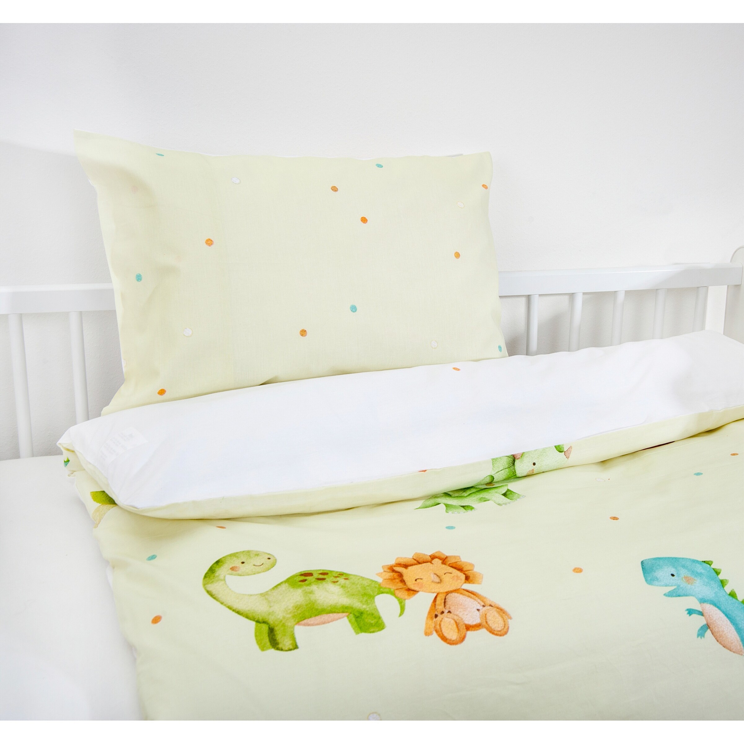 Baby Best Renforcé Wende-Bettwäsche 40x60 / 100x135 cm weiß / Dinos