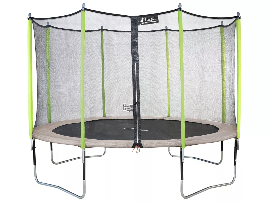 Kangui - Trampoline de jardin 426 cm + filet de sécurité JUMPI Taupe/Vert 430. Trampoline certifié par le CRITT sport & loisirs