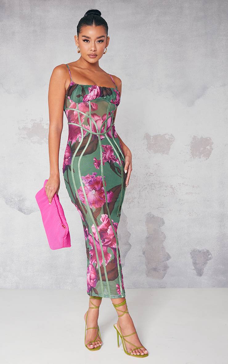 Vert Robe Midaxi En Mesh À Imprimé Floral Avec Détail De Lacets